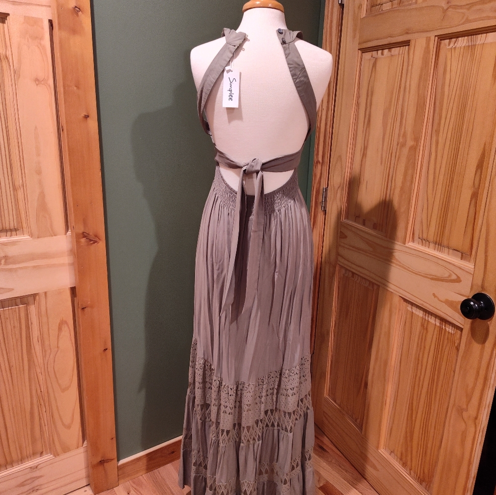 Simplee Olive Drab Green Peek A Boo Panels Halter Crochet Lace Maxi Dress - Picture 4 of 6